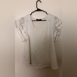 Cure White V-Neck Top with Lace Flutter Sleeves